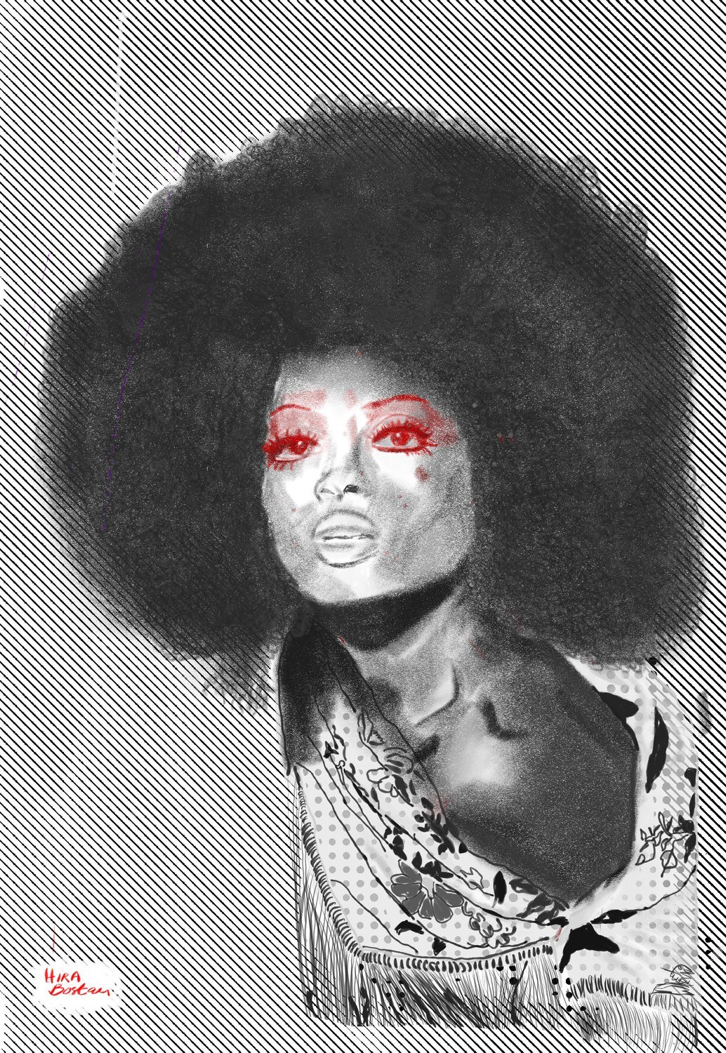 Black and white portrait drawing of a woman with a large afro and red-lined eyes, on a hatched background