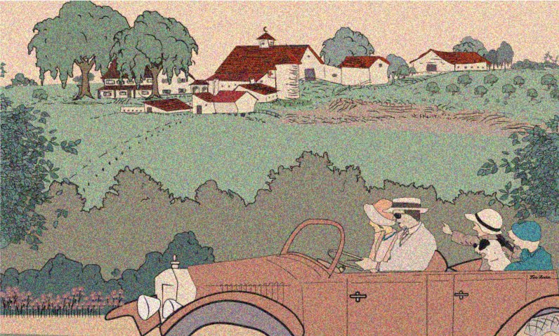 Grainy retro illustration of people in an open-top vintage car in front of a farm