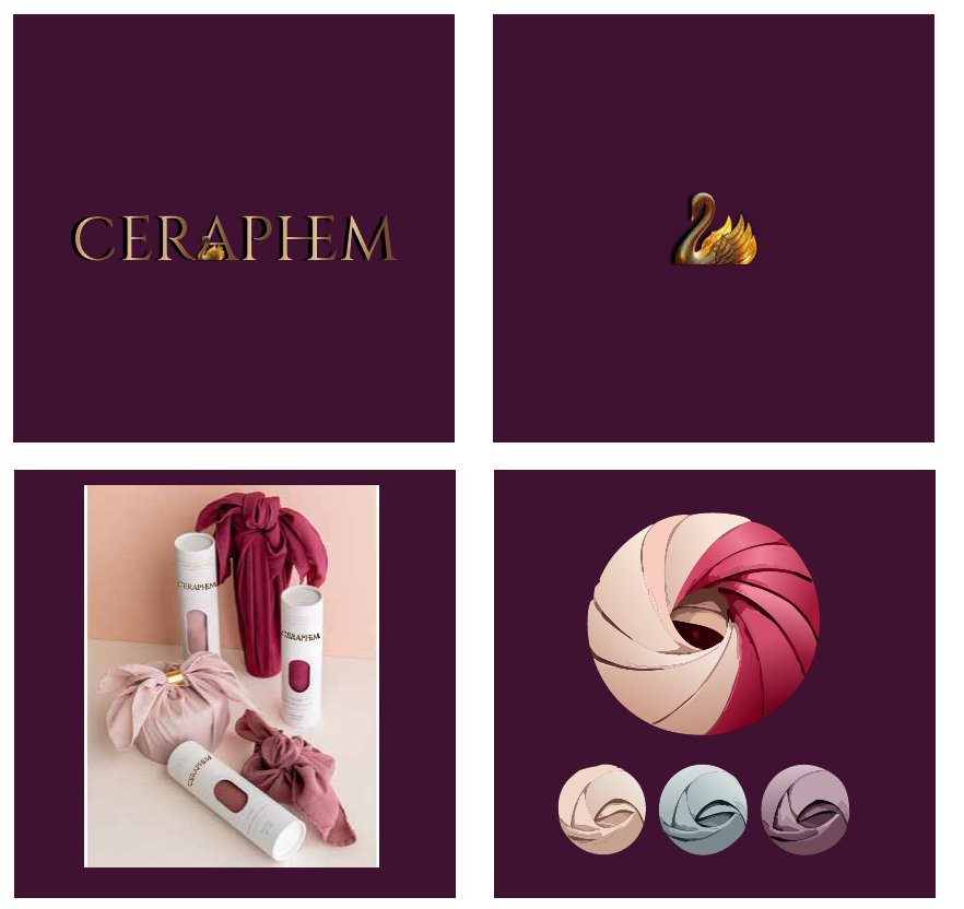 Four dark plum tiles showing the Ceraphem gold wordmark, a gold swan mark, packaged silk scrunchies in tubes, and a twisted fabric emblem in four colourways
