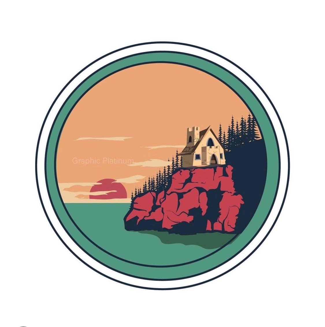 Circular badge illustration of a small castle on a red cliff above the sea at sunset