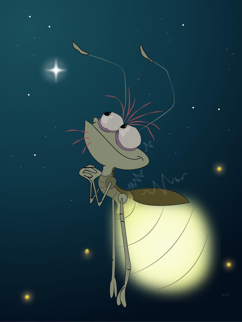 Cartoon firefly with big eyes looking up at a bright star in a night sky