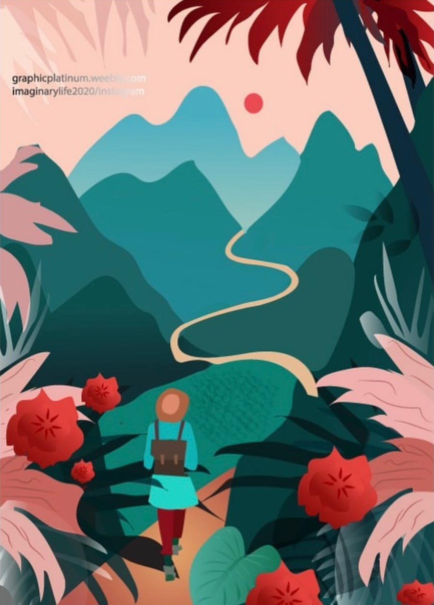 Flat vector illustration of a hiker with a backpack walking a winding path into teal mountains, framed by pink and red tropical plants