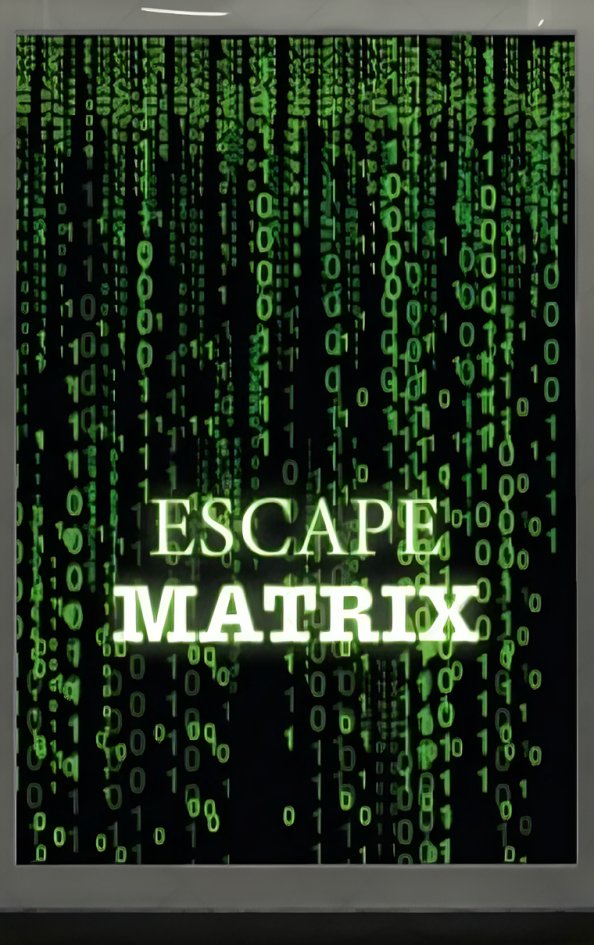 Poster with green falling code and the words Escape Matrix