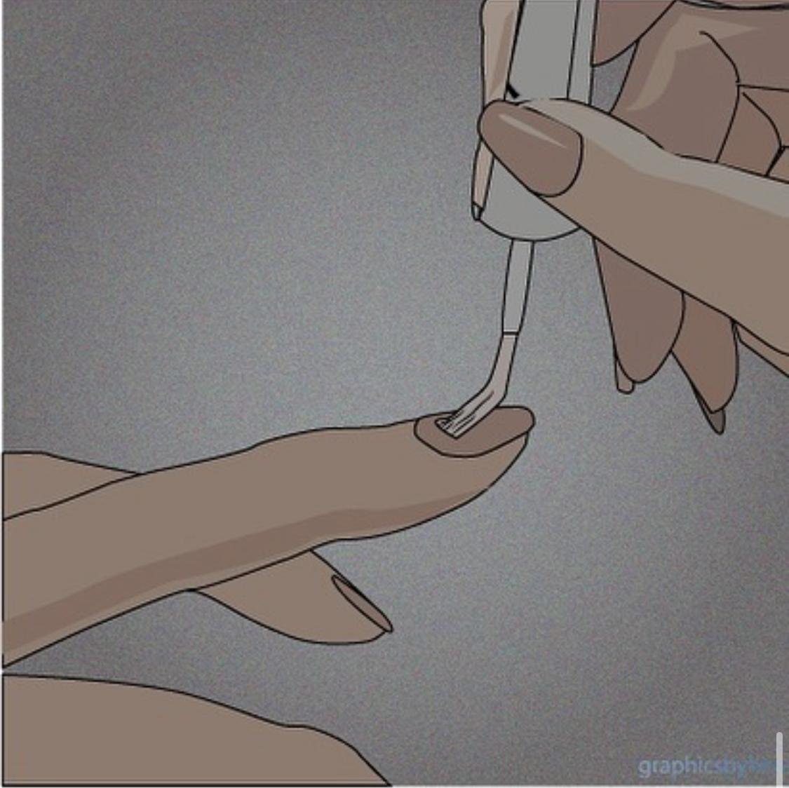 Close-up illustration of a hand painting another hand's fingernail with polish