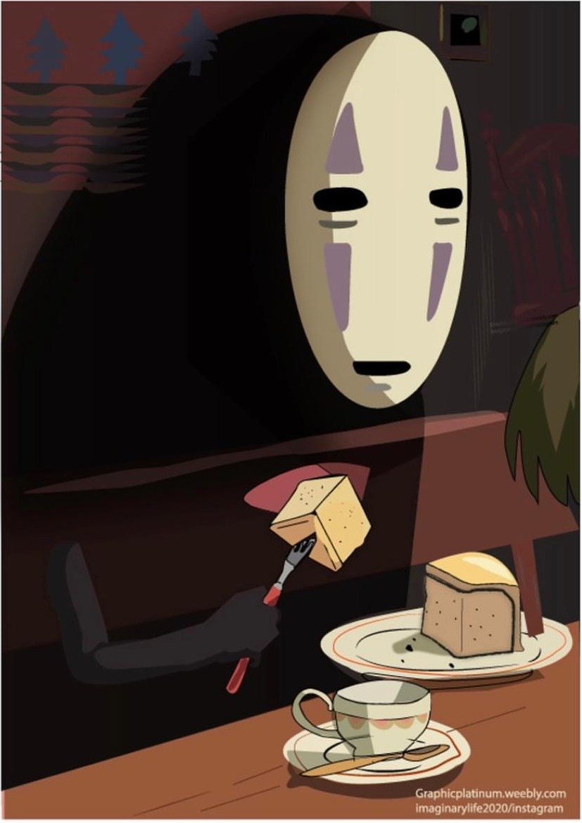 Illustration of a masked spirit at a table with tea and cake, a fan piece