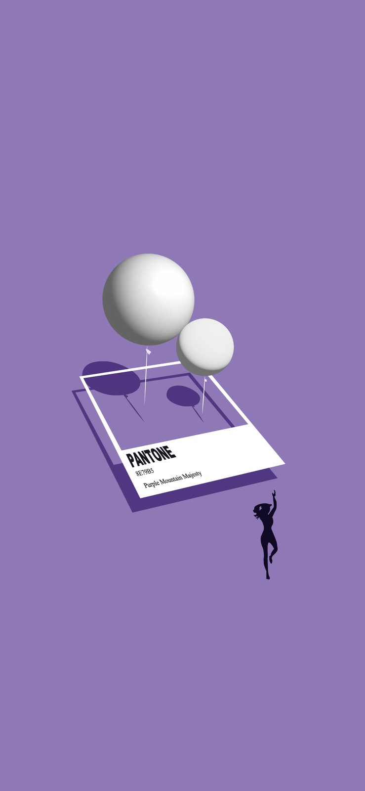 Purple phone wallpaper with two white balloons floating above a tilted Pantone colour chip labelled Purple Mountain Majesty