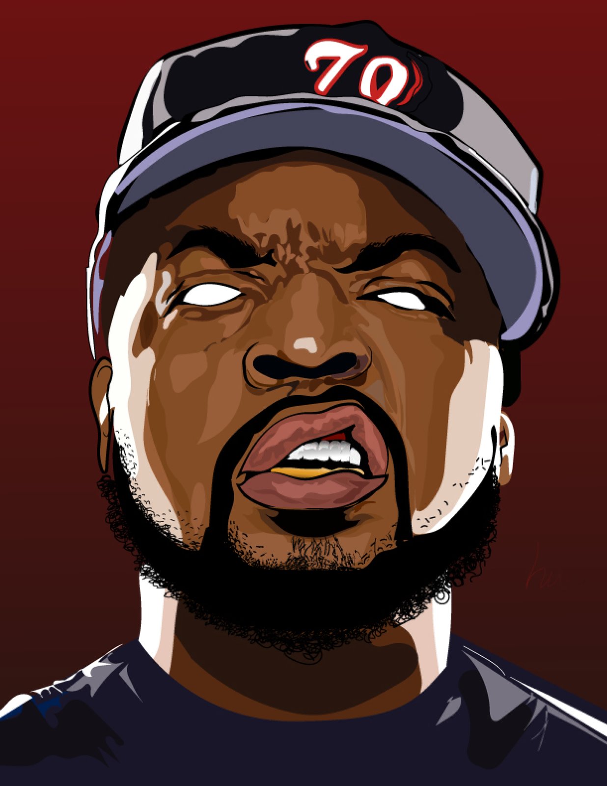 Vector portrait of a scowling man in a baseball cap on a dark red background