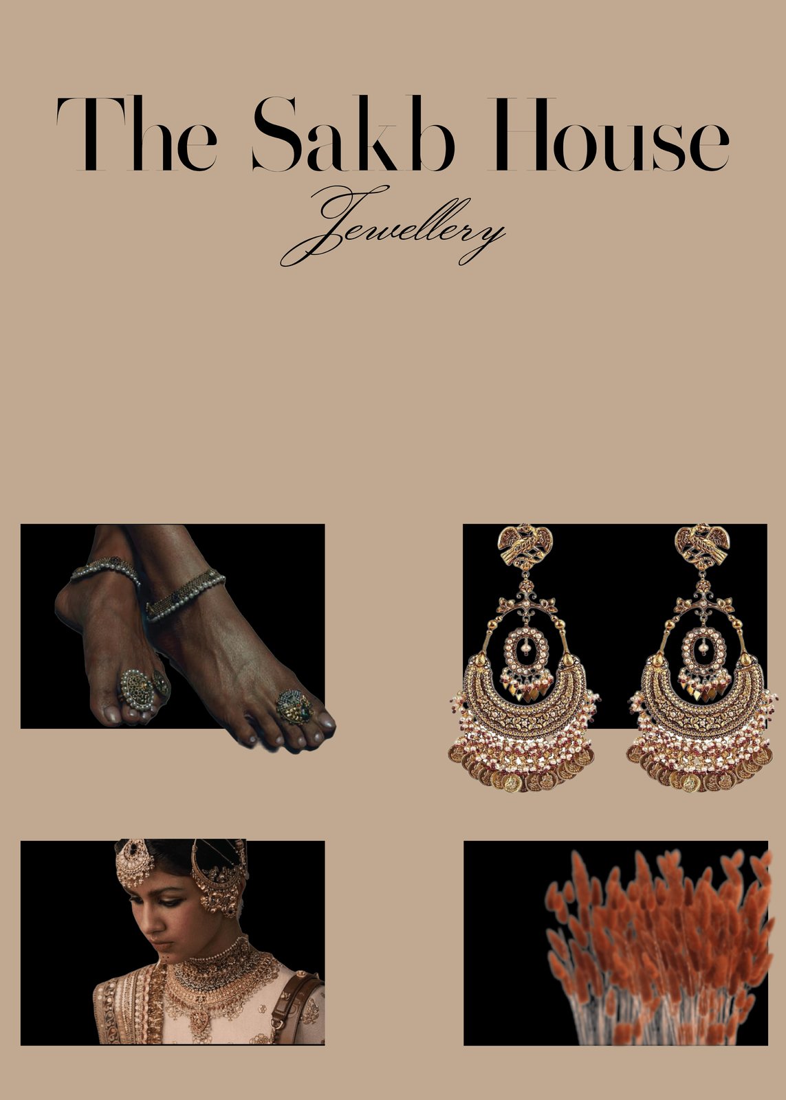 Lookbook page for The Sakb House Jewellery with a serif wordmark and four photographs of gold jewellery on a sand background