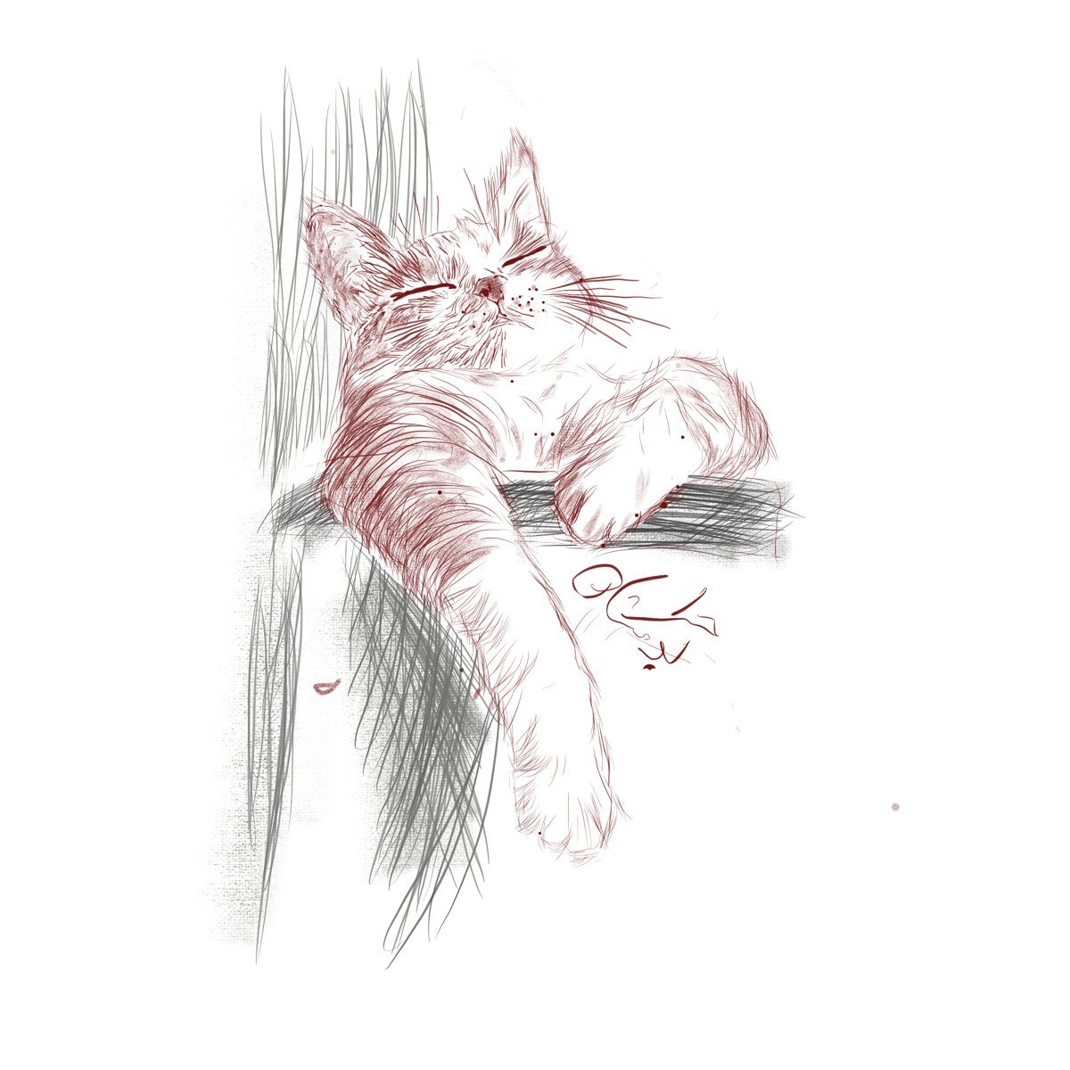 Pencil-style sketch of a cat resting its paw over a ledge