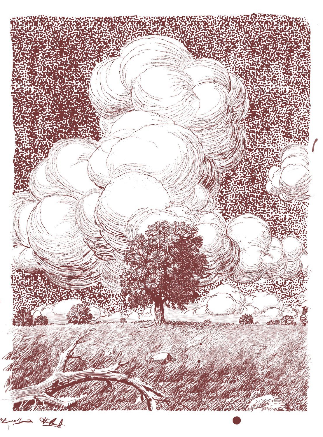 Monochrome drawing of a tree beneath large cumulus clouds