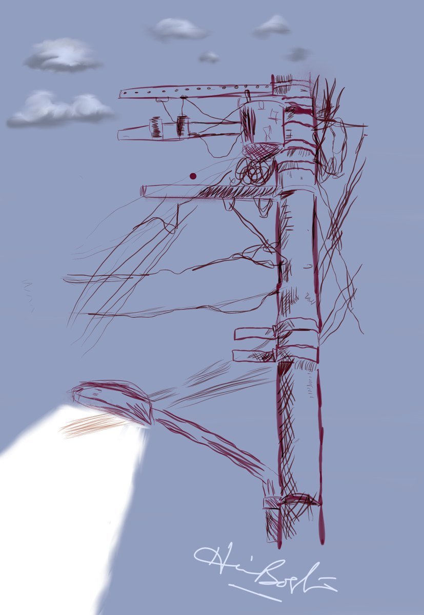 Sketch of a telegraph pole against a blue sky with clouds