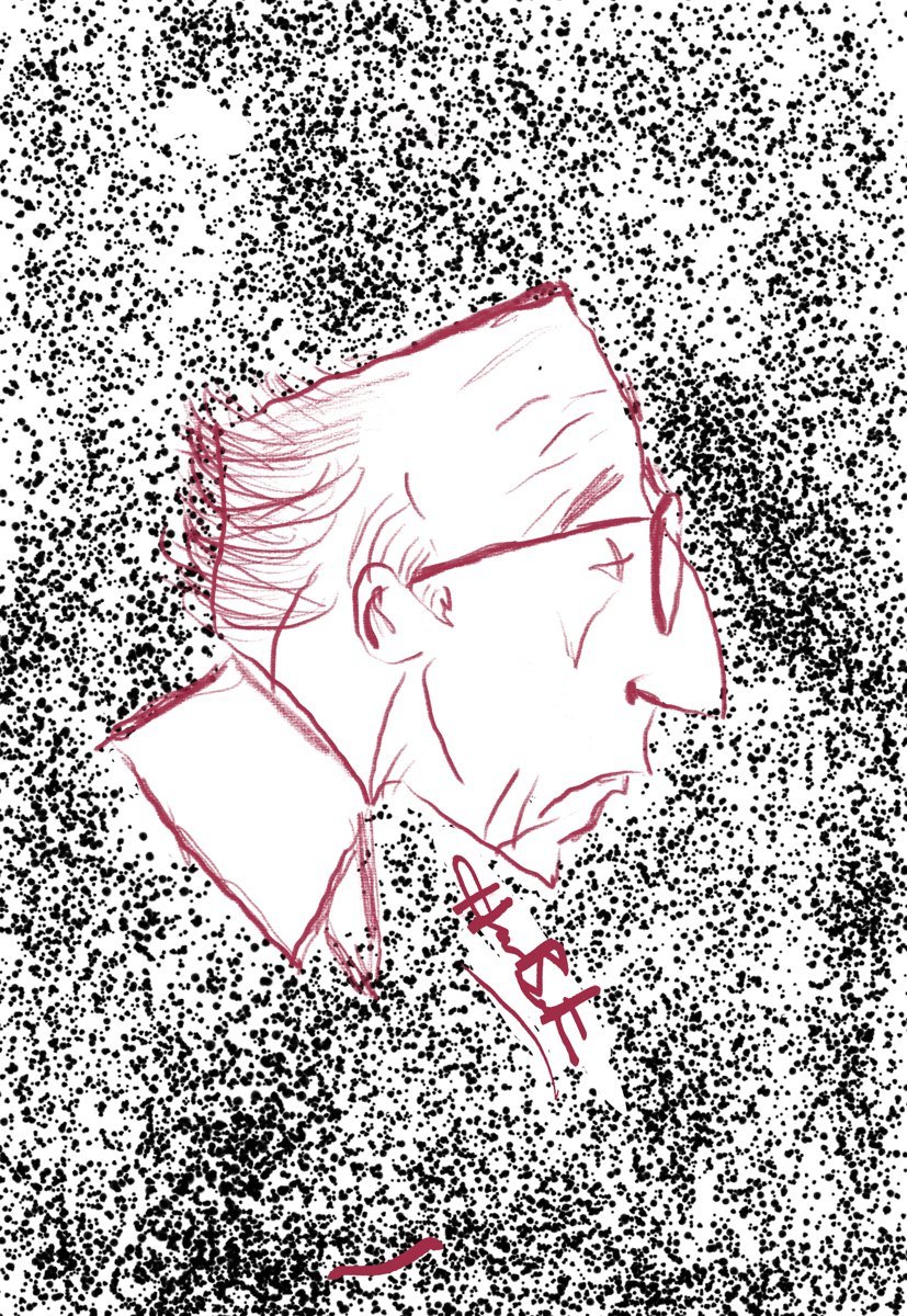 Loose red-line sketch of a man in glasses over a speckled background