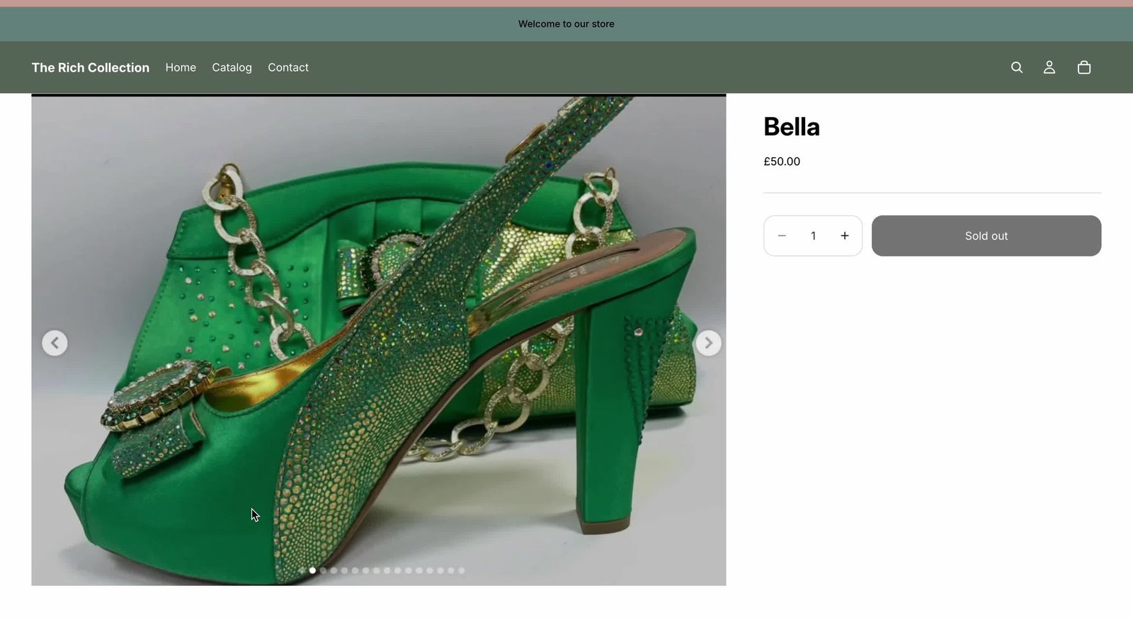 Desktop view of The Rich Collection online store showing a green embellished shoe and matching bag product page