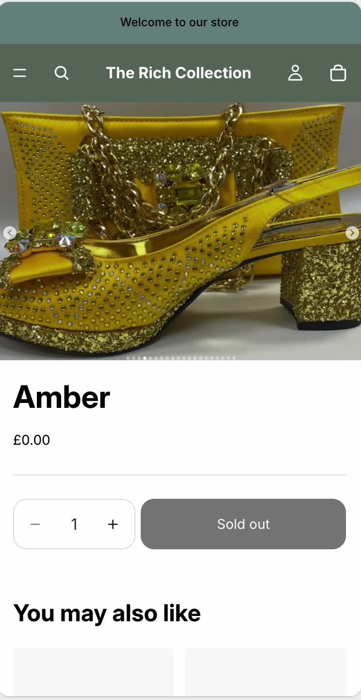 Mobile view of the same store showing a yellow embellished shoe product