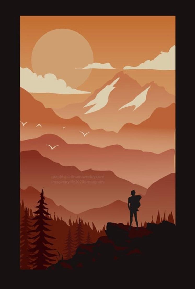Layered orange landscape illustration with a large sun, mountain ridges receding into haze and a silhouetted figure on a rock