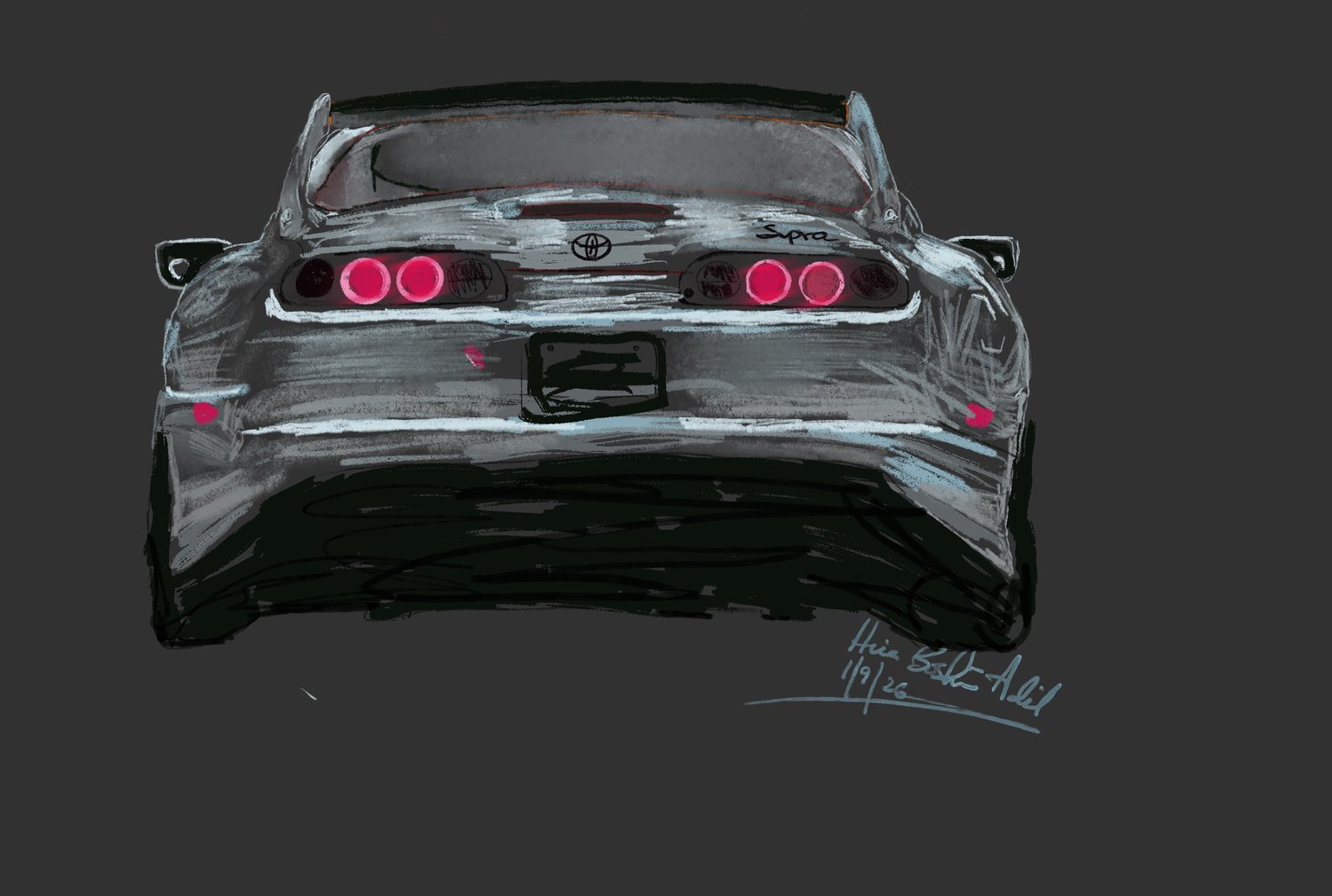 Loose digital painting of the rear of a Toyota Supra with glowing red tail lights on a charcoal background