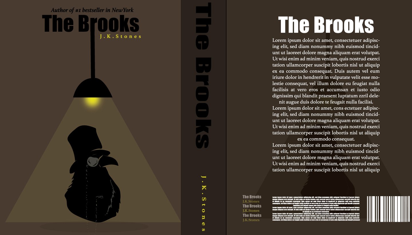 Full book cover spread for The Brooks by J.K. Stones showing a plague-doctor figure under a single lamp on a dark brown background
