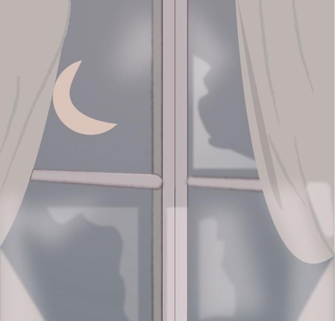 Soft illustration of a crescent moon seen through a window with curtains